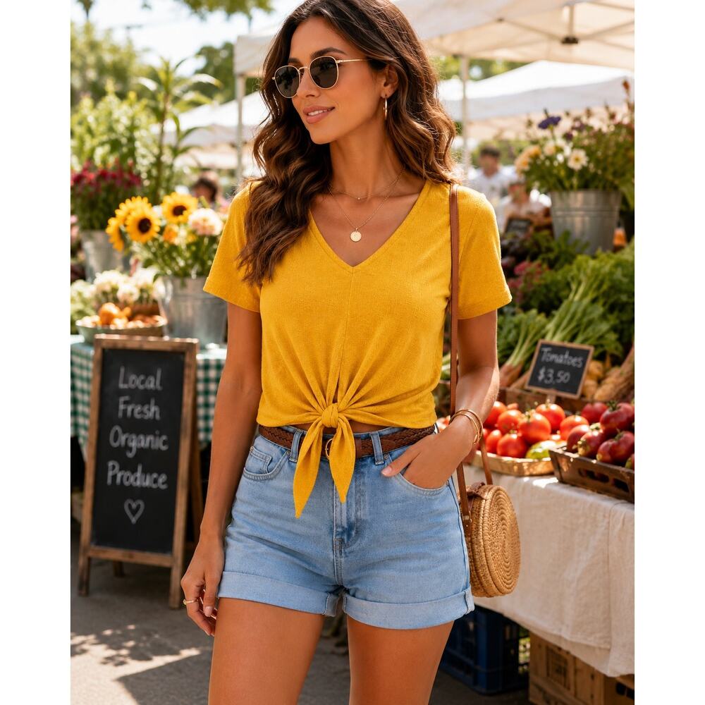 J.Crew Mustard Yellow Knot Front Textured Tee Top Medium EUC